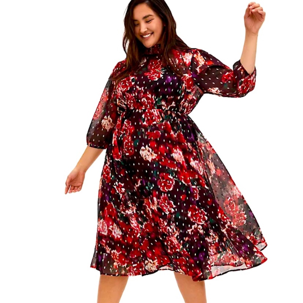 Burgundy floral mock neck midi dress size 5